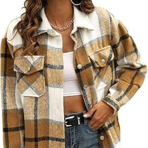 Uaneo Women's Sz L Tan Long Sleeve Plaid Shacket Button Down Jacket NWT